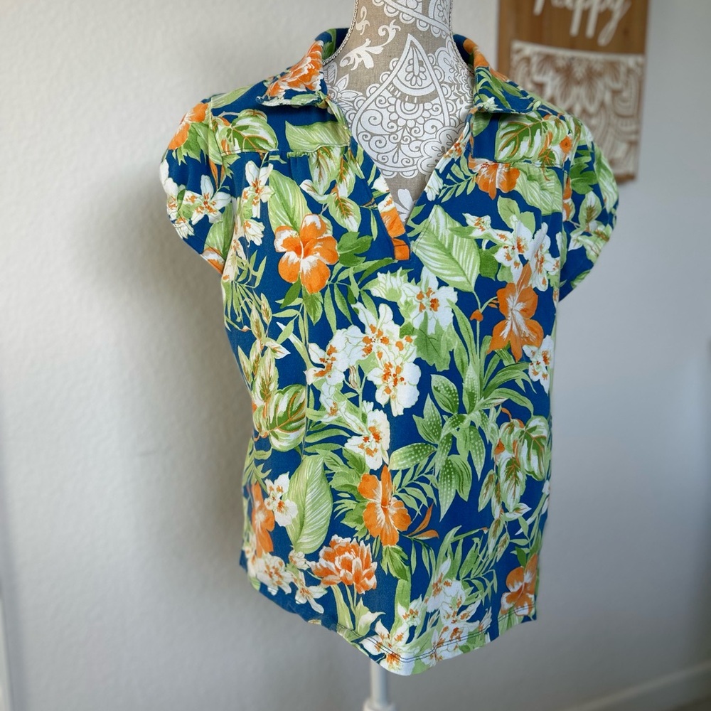 Caribbean Joe Blue and Orange Floral Blouse